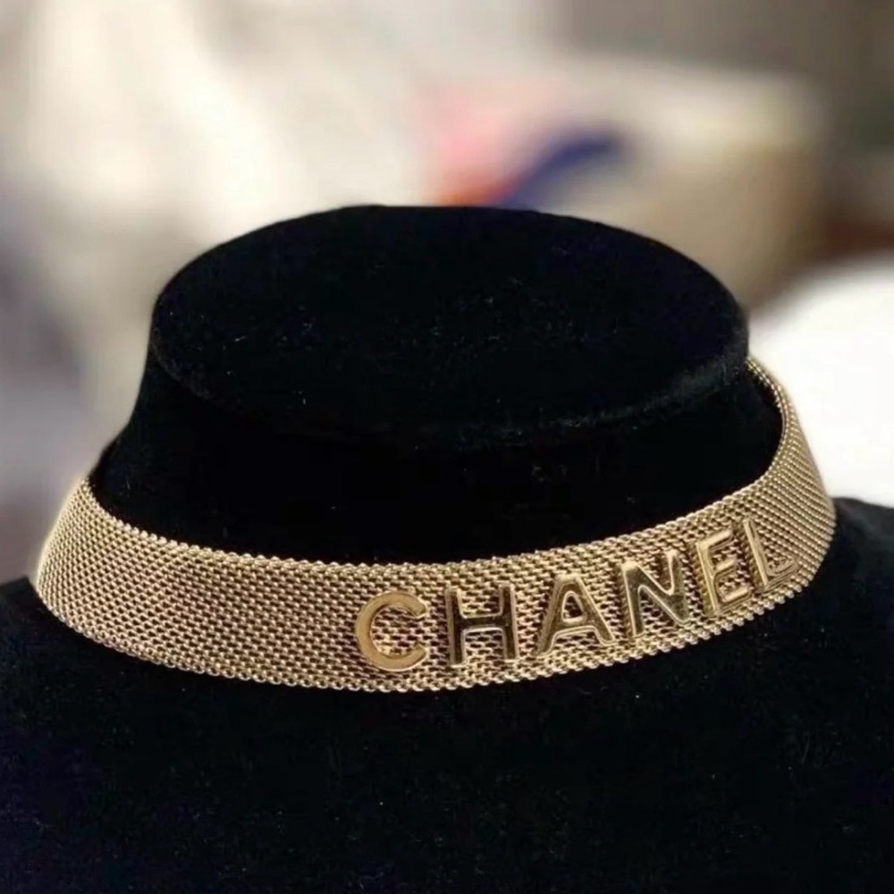 CHANEL logo Gold Mesh Choker Necklace + Box